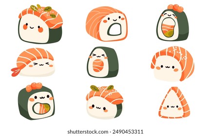 Set of vector illustrations in kawaii style. Cute smiling rolls and sushi on white background 