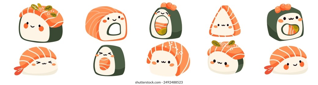 Set of vector illustrations in kawaii style. Cute smiling rolls and sushi on white background 