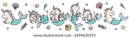 A set of vector illustrations in kawaii style. Cute white unicorns with fish tails, mermaids, seashells, and stars. 