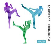 Set of vector illustrations of kickboxing women. Bright silhouettes of slim girls doing kicks.