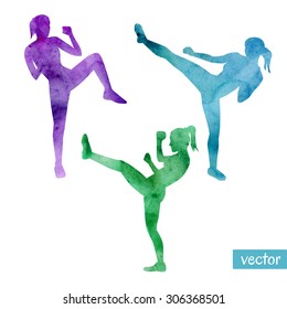 Set Of Vector Illustrations Of Kickboxing Women. Bright Silhouettes Of Slim Girls Doing Kicks.