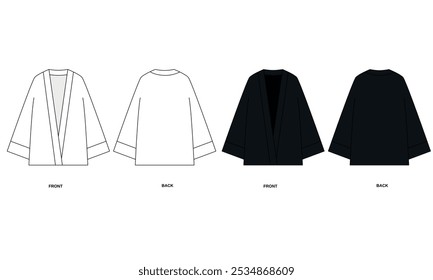 Set of vector illustrations of kimono style cape front and back view. Collection of templates of simple free sleeved shirt in white and black colors, vector. Sketch of short robe with long sleeves.