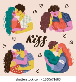 Set of vector illustrations of kissing couples. Lovers embrace passionately. The girl touches the guy's face. The man holds the woman by the neck.