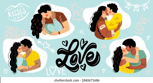 Conjunto de ilustraciones vectoriales de parejas besándose. Los amantes abrazan apasionadamente. La chica toca la cara del tipo. El hombre sostiene a la mujer por el cuello.