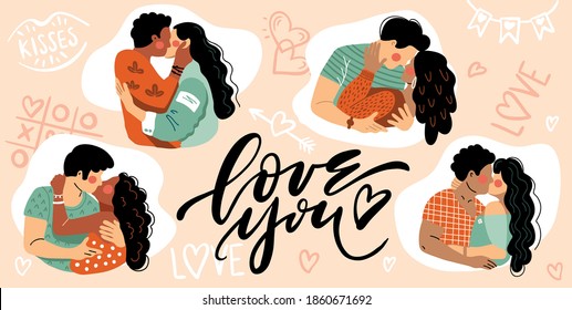 Conjunto de ilustraciones vectoriales de parejas besándose. Los amantes abrazan apasionadamente. La chica toca la cara del tipo. El hombre sostiene a la mujer por el cuello.