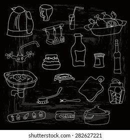 Set of vector illustrations for kitchen - food, dishes, dinnerware.
Isolated on a black background for cafe menu, fliers, chalkboard.