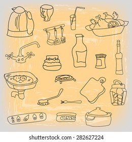 Set of vector illustrations for kitchen - food, dishes, dinnerware.
Isolated on a black background for cafe menu, fliers, chalkboard.