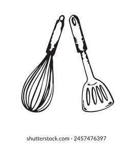 Set of vector illustrations. Kitchen utensils, meat spatula, whisk for whipping cream and dough. All objects are drawn in black in vector. Suitable for printing on fabric and paper, for design.