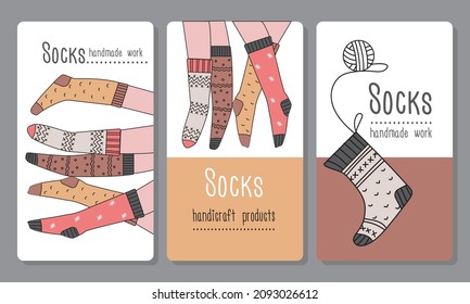 A set vector illustrations knitted socks  handmade products Labels for packaging knitwear  Feet in socks  tangle buckles  lettering 