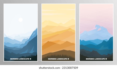 Set of vector illustrations. Landscape posters dominated by mountain ranges and mountain nature. A great background for your projects.