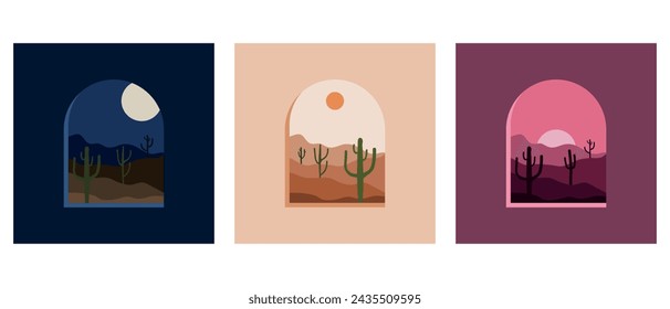 Set of vector illustrations of landscapes in a minimalist style. Image of the desert during the day, at night and at sunset.