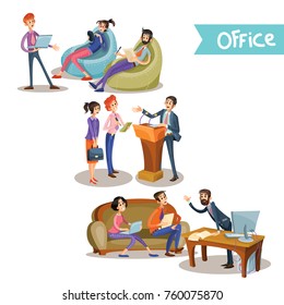 Set of vector illustrations of a leader with subordinate office workers holding negotiations behind the tribune, at the table and sitting on the couch isolated on white background in cartoon style.