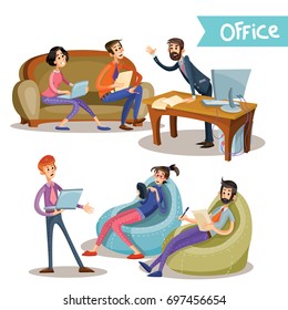 Set of vector illustrations of a leader with subordinates, office workers, partners negotiating isolated on white background in cartoon style