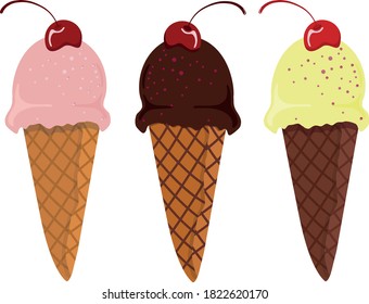 Set of vector illustrations lemon, cherry and chocolate ice cream