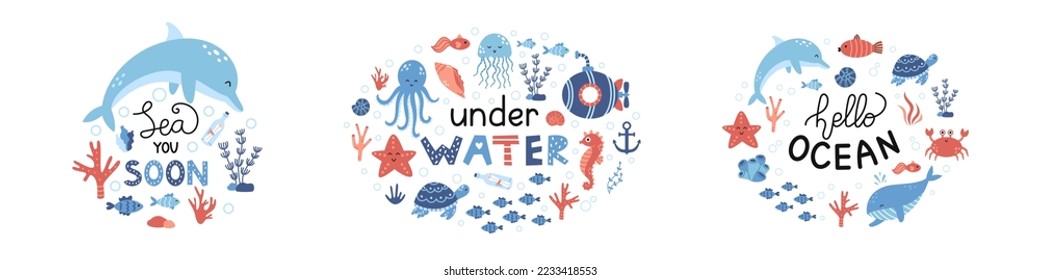 Conjunto de ilustraciones vectoriales con letras y animales marinos. Ilustraciones de bebés con frases para afiches, tarjetas de felicitación, pancartas y volantes. Habitantes del mar y plantas acuáticas.