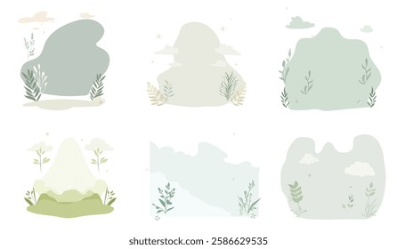 A set of vector illustrations in light green pastel tones on the theme of spring and nature, featuring clouds, plants, mountains, trees, grasses, rocks, abstract shapes, simple flat style