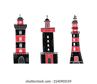 A set of vector illustrations of lighthouses.