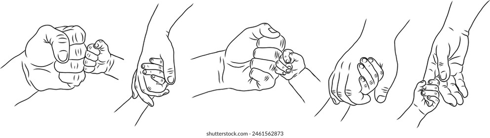 set of vector illustrations in line art of father and son, father's day celebration background, father and son hands, hands in fist, father holding son hands