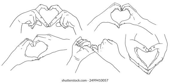 Set of vector illustrations in line art of couple or friends, hands forming heart, hands promise