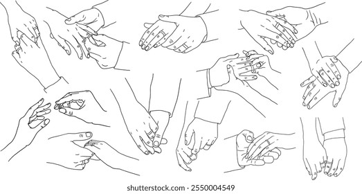 set of vector illustrations in line art marriage, wedding celebration background, hands of wife and husband, hands holding ring