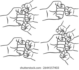 Set of vector illustrations in line art of father and son, Father's Day celebration background, father and son holding hands, hands in fist
