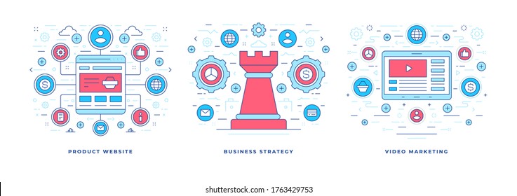 Set of vector illustrations line flat designs of banners with colorful graphic icons created for modern business production websites. Linear style design template.
