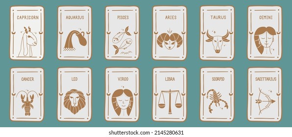 A set of vector illustrations of linear design of astrology zodiac horoscope cards. Elegant symbols and icons of esoteric horoscope templates.