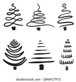 Conjunto de ilustraciones vectoriales de abetos lineales, árbol navideño navideño lineal para tarjetas de felicitación, fondos de vacaciones, invitaciones, scrapbooking, aislado en fondo blanco.