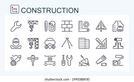 A set of vector illustrations, linear icons for construction and repair work. Special equipment.
