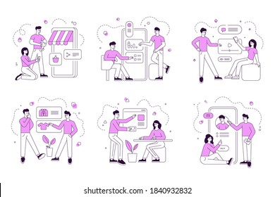 Set of vector illustrations of linear men and women buying various goods online and browsing data in social media on devices