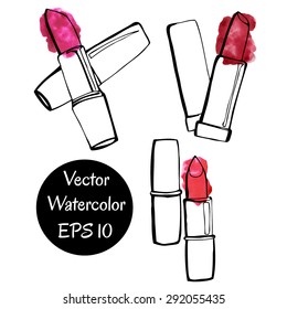 Set of vector illustrations of lipsticks drawn in doodle style with artistic watercolor stains. Hand drawn black outlines and bright pink elements.