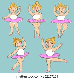 Set of vector illustrations with little ballerinas. Clip art characters, isolated. Illustration can be used for cover, card, background for poster, fabrics, wallpaper, logo for school dance or studio