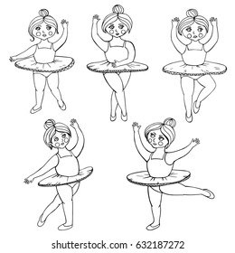 Set of vector illustrations with little beautiful ballerinas. Clip art cute characters, isolated. Coloring page.