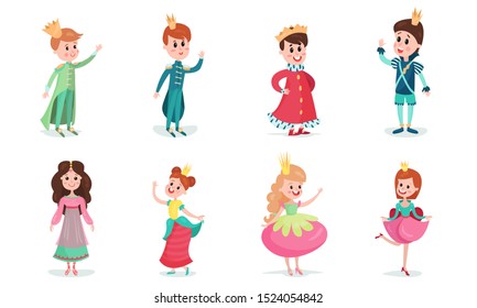 Set Of Vector Illustrations With Little Boys And Girls Wearing Fairy Princes And Princesses Costumes Cartoon Characters