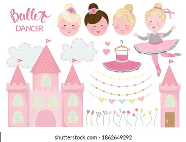 Set of vector illustrations little dancer. Cute ballerina, castle, flowers and princess heard.