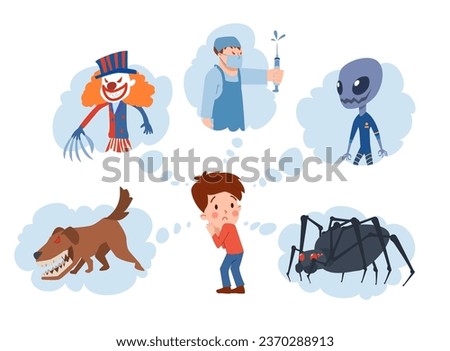 Set of vector illustrations of little frightened boy who is afraid clown with claw for a hand, huge black spider, dog with red eyes, alien, evil doctor with a big syringe. Cartoon hand drawn design