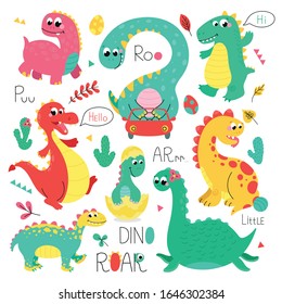 Set of vector illustrations with little funny dinosaurs.