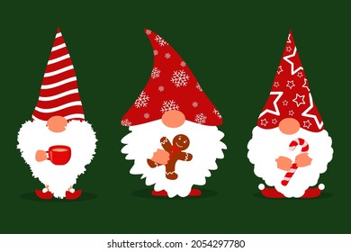 a set of vector illustrations with little gnomes in the Christmas style on a dark green background