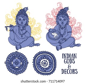 Set of vector illustrations with Little Krishna and ethnic ornaments