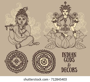 Set of vector illustrations with Little Krishna, Lakshmi and ethnic ornaments in retro style