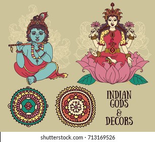 Set of vector illustrations with Little Krishna, Lakshmi and ethnic ornaments