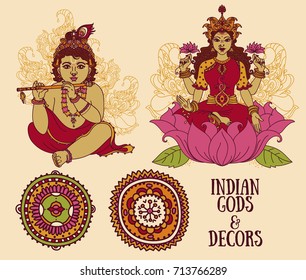 Set of vector illustrations with Little Krishna, Lakshmi and two mandala ornaments