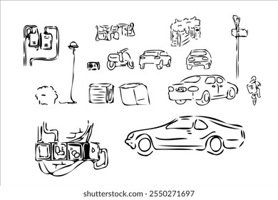 Un conjunto de Ilustraciones vectoriales en un estilo de boceto animado, que captura la esencia de la vida cotidiana de la ciudad. Perfecto para el urbanismo, la cultura de la ciudad, el diseño App, los patrones, los fondos y la marca.