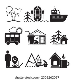 A set of vector illustrations, logo, icons for travel and leisure. Wildlife and tourism.