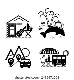Un conjunto de Ilustraciones vectoriales, logotipo, iconos para viajes y ocio. Vida silvestre y turismo.	