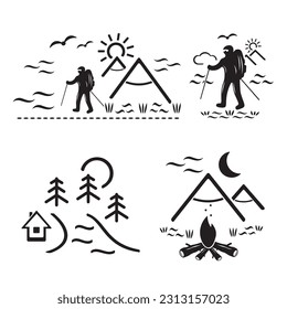 A set of vector illustrations, logos, icons for travel and leisure. Tourism and camping.