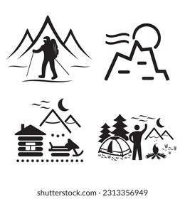 A set of vector illustrations, logos, icons for travel and leisure. Tourism and camping.