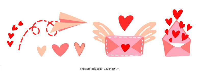 Set of vector illustrations of love messages for Valentine's Day. Flying paper airplane, cute letter with wings, envelope with hearts open. Valentine's Day gift and element for logo, game, print, post