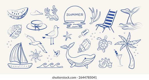 A set of vector illustrations made by hand in the grunge style. Doodles drawn in ink. Italian-style vacation. The concept of vacation, sea, beach, travel.