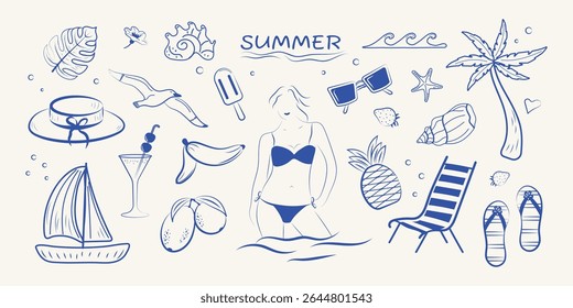 A set of vector illustrations made by hand in the grunge style. Italian-style vacations. The concept of holidays, sea, beach, travel.